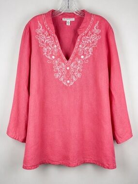 JM Collection Linen Embroidered Tunic Top Pink Beaded Boho Plus 20W